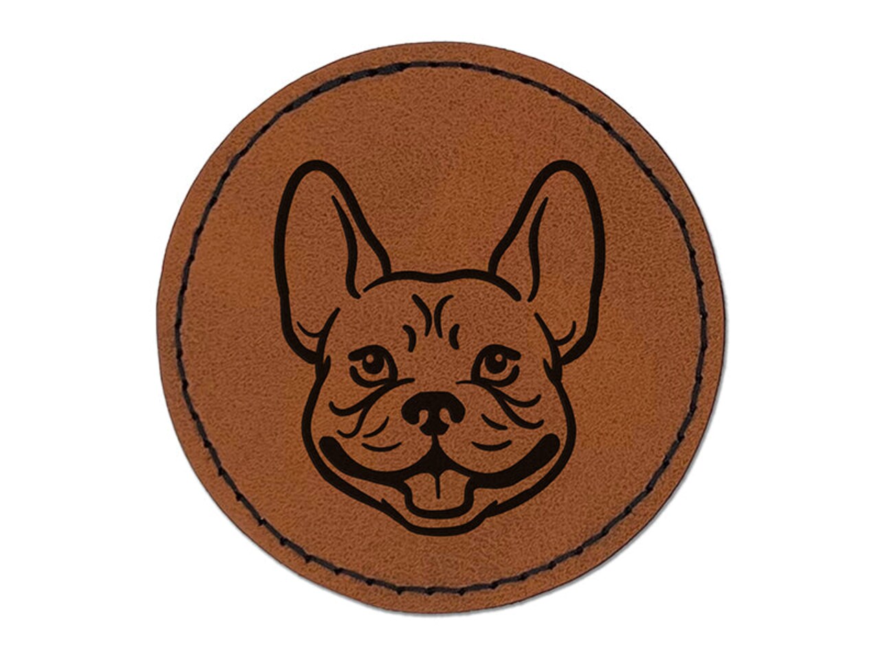 Frenchie French Bulldog Dog Head Round Iron-On Engraved Faux Leather Patch Applique - 2.5"